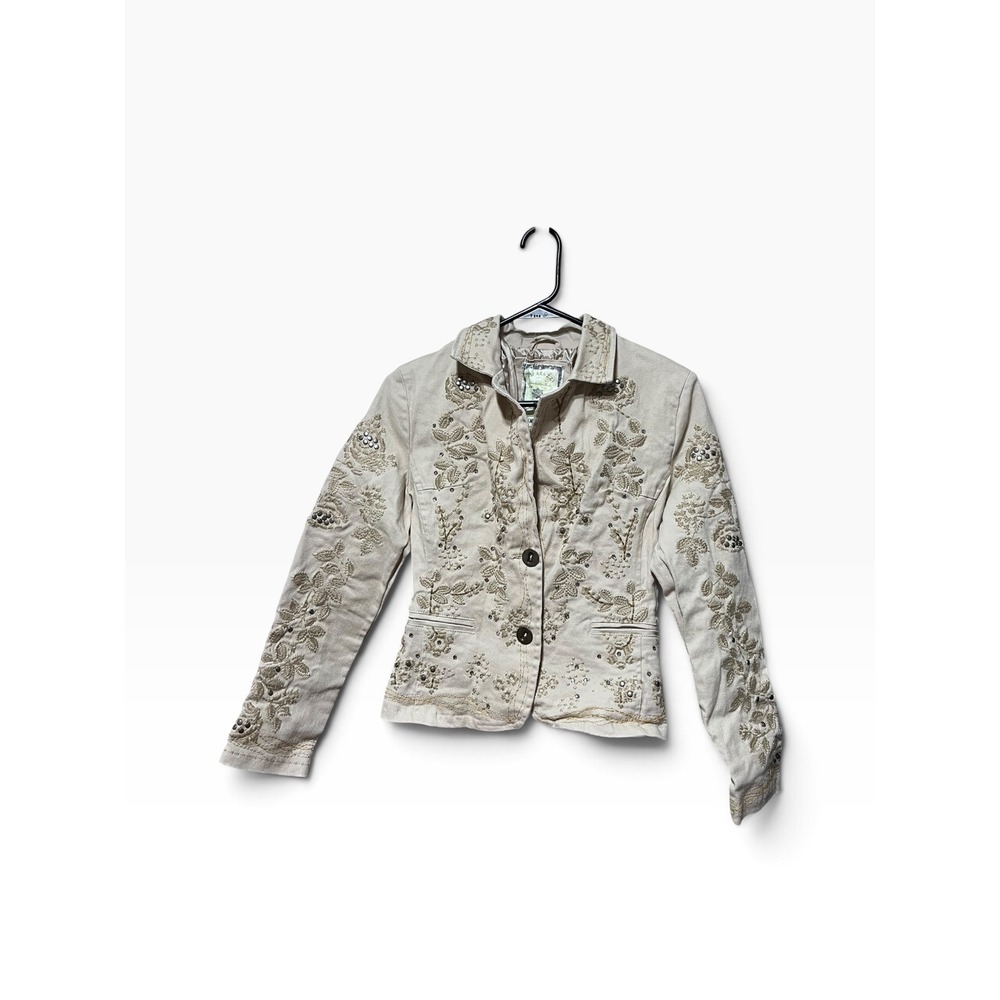 Vintage Paparazzi by BIZ Embroidered Rhinestone Denim Jacket Tan Beige Floral S